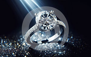 Diamond ring, wedding ring, white gold, sparkles on a black background