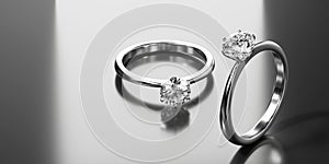 Diamond rings Placed on glossy background macro focus main object 3d rendering