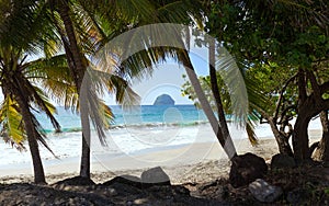 The Diamond rock and Caribbean beach , Martinique island.