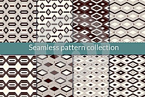 Diamond seamless pattern collection. Geometric design background set. Outline rhombuses, lozenges, zigzag line print kit