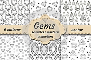 Diamond seamless pattern set, line, sketch, doodle style. Modern trendy endless background with jewelry. Gems repetitive