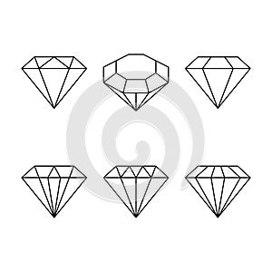 Diamond set icon. Vector Illustration. Shiny crystal sign. Brilliant stone. Black stroke isolated on white background. Fashion mod