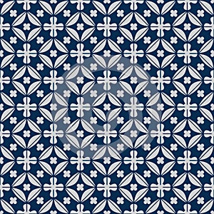 Diamond shape flower inside symmetry japan blue seamless pattern