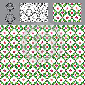 Diamond shape leaf flower symmetry seamless pattern set