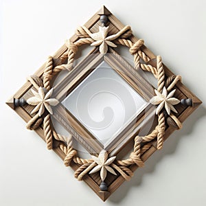 Diamond shaped mirror with a rope wrapped frame in a nautica in photo