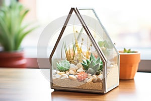 diamond-shaped terrarium with sand and small succulents