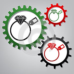 Diamond sign with tag. Vector. Three connected gears with icons