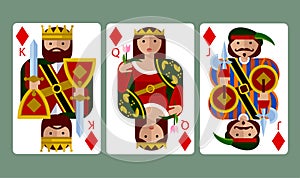 Diamond suit playing cards of King, Queen and Jack in funny modern flat style