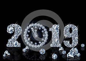 Diamond wallpaper with xmas clock, Happy New 2019 Year, vector