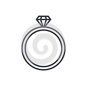 Diamond wedding ring outline icon, flat design style. Jewelry vector illustration, engagement line symbol
