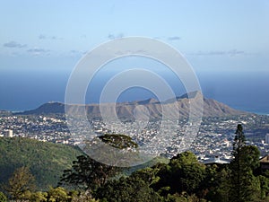 Diamondhead and the city of Honolulu on Oahu on a nice day viewed from high in the mountains