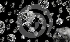 Diamonds on black background with reflect on surface. 3D Rendering