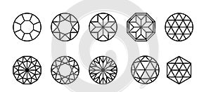 Diamonds and crystals outline collection. Diamond shape set. Gemstone thin line icon set.