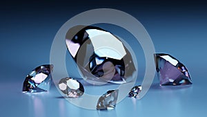 Diamonds on a dark blue background, precious jewelry stones. Glowing facets of a diamond. 3d render