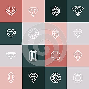 Diamonds and Gems line Icons set. Vector crystal and jewel linear logo design elements. Luxury and premium symbols