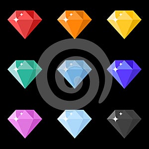 Diamonds icons set in different colors on the black background.