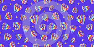 Diamonds with rainbow gradient. Bright Surface Design. Modern abstract seamless pattern. Vector shapes isolated on blue