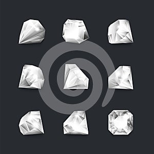 Diamonds. Realistic luxury jewel stones round shape with shiny edges, 3D white diamonds isolated on black background photo