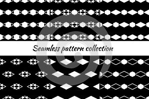 Diamonds, rhombuses, lozenges, hexagons, triangles seamless patterns collection. Folk prints. Ethnic ornaments set