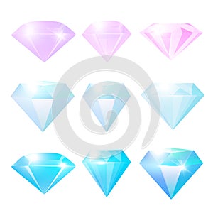 Diamonds set isolated on white background. Jewels or brilliants collection. Realistic 3d glossy glass stones. Gems for game icon