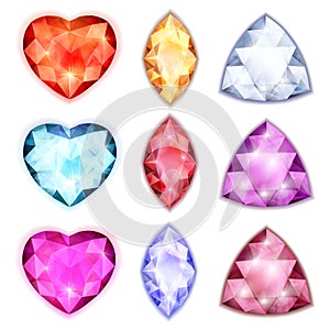 Diamonds with shine of different shapes and colors illustration