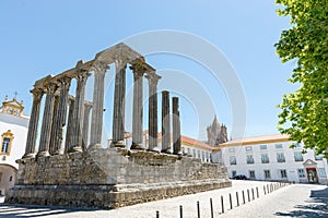 Dianna Temple and cathedral tower in Evora. Ancient roman temple photo