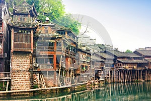 The Diaojiaolou traditional Chinese gabled wooden houses built on stilts be preserved in Fenghuang