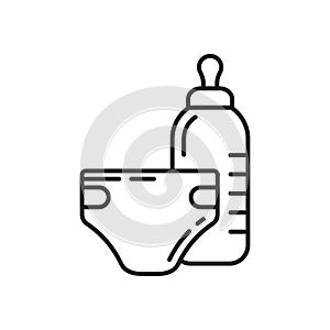 Diaper and baby bottle icon. Thin line art template for childen`s goods. Black and white simple illustration. Contour hand drawn