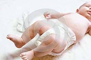 Diaper change newborn kid banner. Happy cute infant baby in nappy. Child care white background. Newborn care, colic