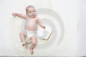 Diaper change newborn kid banner. Happy cute infant baby in nappy. Child care white background. Newborn care, colic