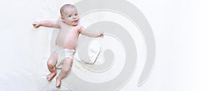 Diaper change newborn kid banner. Happy cute infant baby in nappy. Child care white background. Newborn care, colic