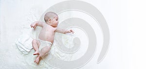 Diaper change newborn kid banner. Happy cute infant baby in nappy. Child care white background. Newborn care, colic