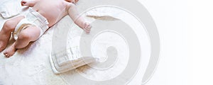 Diaper changing kid newborn banner. Happy cute infant baby in nappy. Child care white background. Concept of childhood