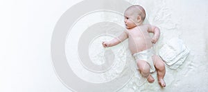 Diaper changing kid newborn banner. Happy cute infant baby in nappy. Child care white background. Concept of childhood