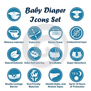 Diaper characteristics icons. Vector set photo
