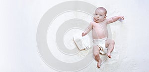 Diaper girl newborn baby banner. Child care white background. Happy cute infant baby in nappy. Newborn care, colic