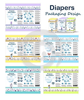 Diaper packaging design elements in doodle forest style. Nappy pakaging collection for 5 sizes