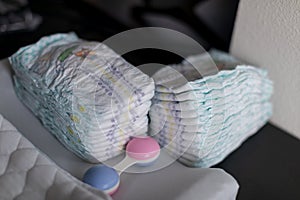 Diapers stacked in a piles