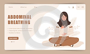 Diaphragmatic breathing. Landing page template. Arab girl practicing abdominal breathing for good relaxation. Meditation