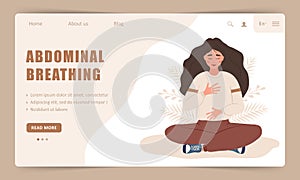 Diaphragmatic breathing. Landing page template. Girl practicing abdominal breathing for good relaxation. Meditation for