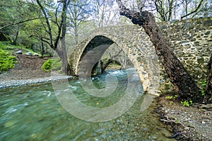 Diarizos river streams under the ancient venetian Kelefos Tzielefos bridge. Troodos, Cyprus