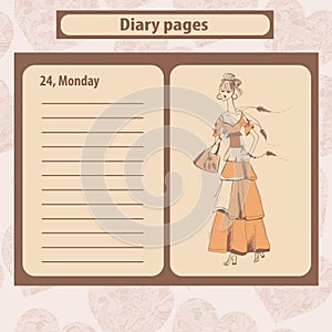 Diary or note pages with illustration of young fashion woman in boho style