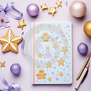 Diary notebook, Christmas teme decorated, balls, star, purple, AI generate
