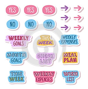 Diary stickers. Check and with list, goals and arrows, yes and no labels. Cute pink marks for memo and motivation. Girls