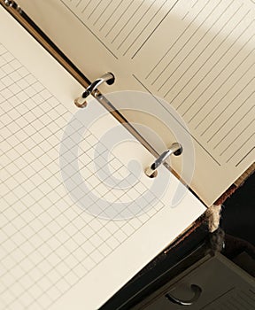 Diary with a wooden cover open for writing a business plan