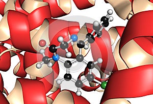 Diazepam drug molecule bound to human serum albumin protein, 3D