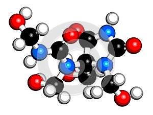 Diazolidinyl urea antimicrobial preservative molecule formaldehyde releaser. 3D rendering. Atoms are represented as spheres with