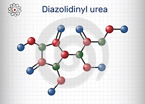 Diazolidinyl urea molecule. It is antimicrobial preservative. Is used in many cosmetics. Sheet of paper in a cage