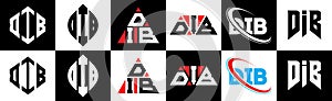 DIB letter logo design in six style. DIB polygon, circle, triangle, hexagon, flat and simple style with black and white color