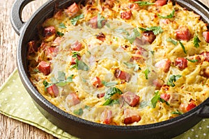 Dibbelabbes German casserole is a traditional country oven dish with potatoes, leeks, onions and bacon close-up in a pan.